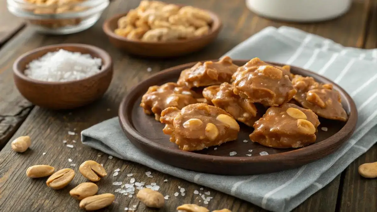 Delicious Caramel Peanut Clusters on a rustic wooden table with scattered peanuts.