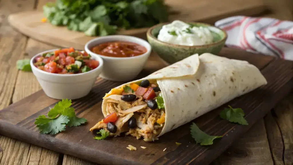 Delicious Chicken Burrito filled with shredded chicken, rice, and fresh toppings on a wooden table.