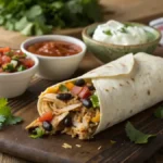Delicious Chicken Burrito filled with shredded chicken, rice, and fresh toppings on a wooden table.