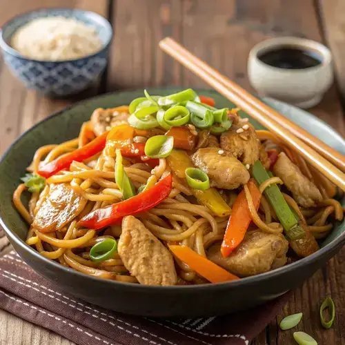 A close-up of chicken lo mein showcasing noodles, chicken, and vegetables.