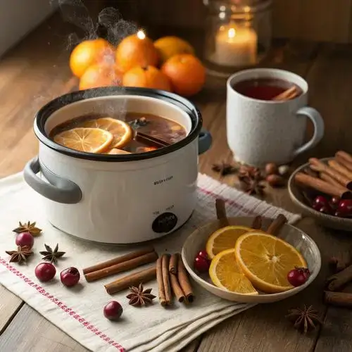 A steaming crock pot filled with apple cider, apples, and spices, ready to serve.
