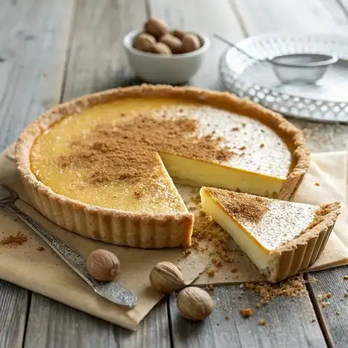 Slice of egg custard pie on a plate, showcasing its creamy texture and golden crust.