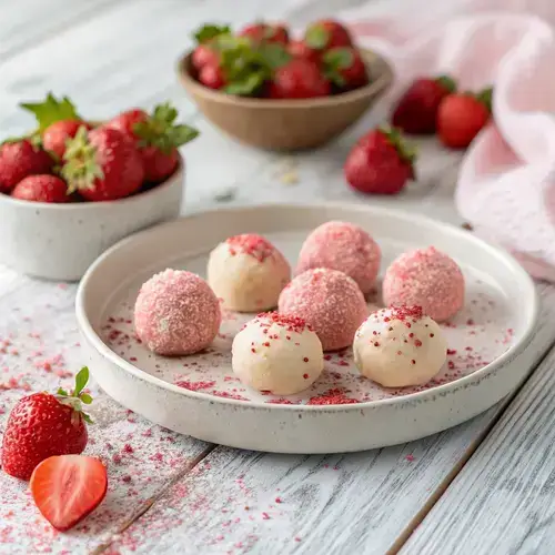 Close-up of strawberry truffles on a wooden table with fresh strawberries.