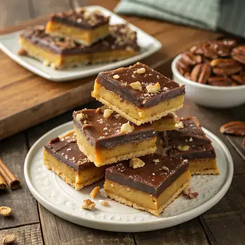 Close-up of Toffee Bars topped with chocolate and pecans, served on a wooden platter.