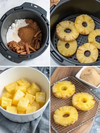 Step-by-step process of making Air Fryer Pineapple, including preheating the air fryer, preparing the pineapple, arranging it in the basket, and serving the finished dish.