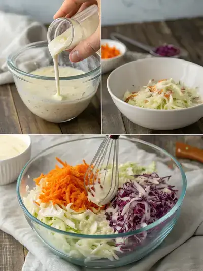 Step-by-step preparation of KFC Coleslaw, showcasing vegetables, dressing, and mixing process.