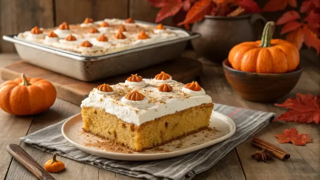 Delicious Pumpkin Poke Cake with whipped topping and caramel drizzle, garnished with pecans.