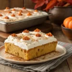 Delicious Pumpkin Poke Cake with whipped topping and caramel drizzle, garnished with pecans.