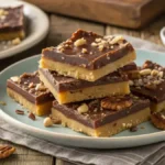 Delicious Toffee Bars with chocolate and pecans on a rustic wooden table.