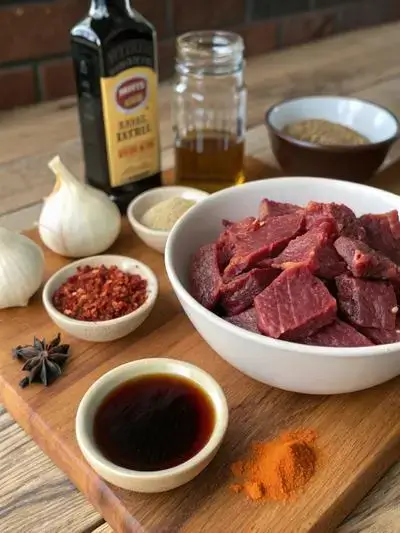 Ingredients for Air Fryer Beef Jerky displayed on a kitchen table.