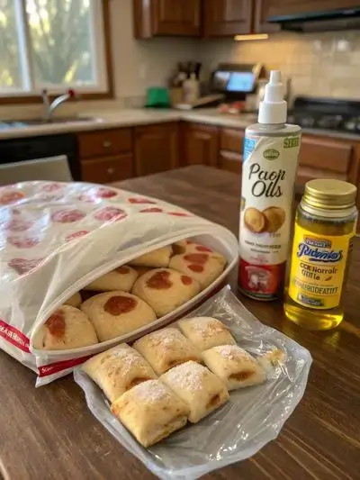 A kitchen table with frozen pizza rolls, cooking spray, and dipping sauces.