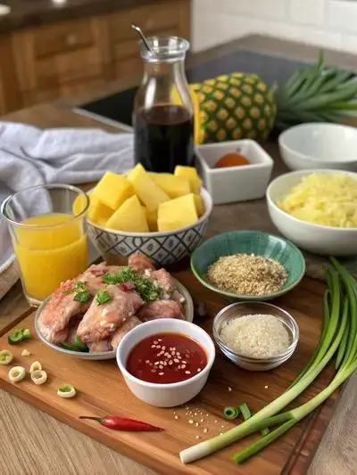 Ingredients for CROCKPOT HAWAIIAN WINGS displayed on a kitchen table, including chicken wings, sauces, and garnishes.