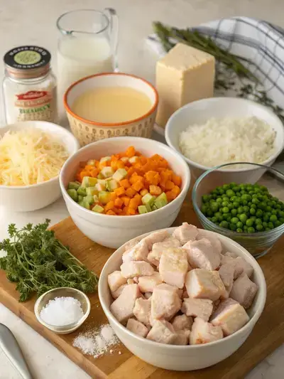 A variety of fresh ingredients for chicken cobbler, including chicken, vegetables, and seasonings, arranged on a kitchen table.