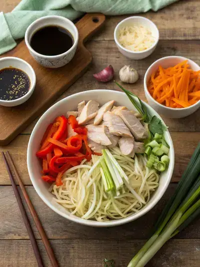 A colorful assortment of ingredients for chicken lo mein on a kitchen table.