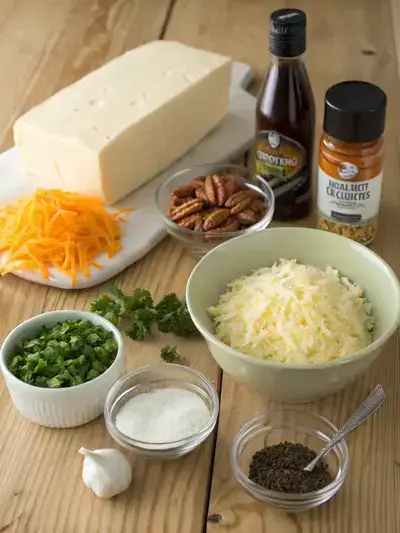 Ingredients for Classic Cheese Ball displayed on a kitchen table.