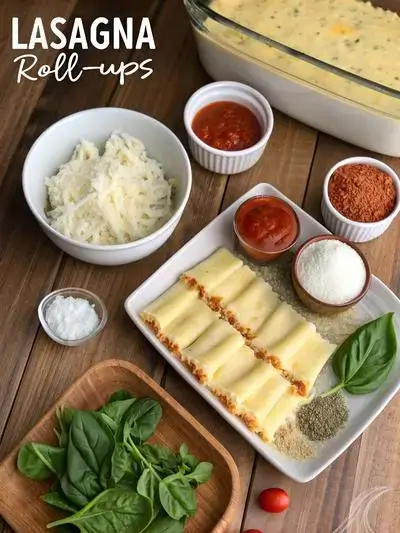 Fresh ingredients for LASAGNA ROLL-UPS displayed on a kitchen table.