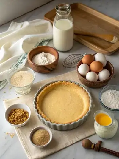 Ingredients for egg custard pie displayed on a kitchen table, including pie crust, eggs, sugar, milk, vanilla extract, nutmeg, and salt.
