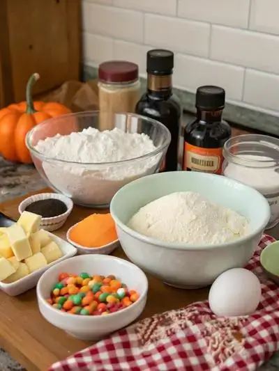 A variety of ingredients for Halloween cookies displayed on a kitchen table, including flour, sugar, butter, and colorful decorations.