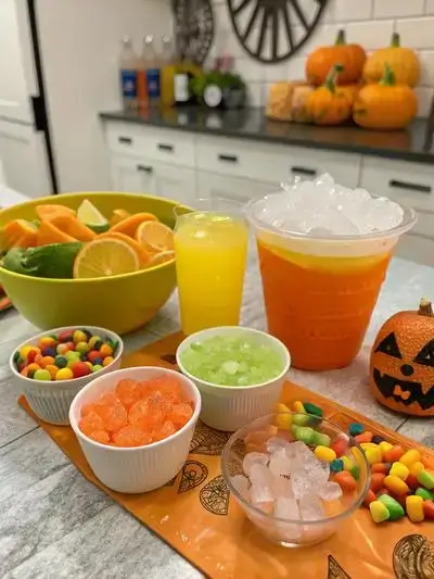 A kitchen table with ingredients for Halloween Sherbet Punch, including soda, colorful sherbet, pineapple juice, and Halloween candy.