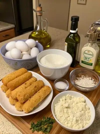 Ingredients for homemade mozzarella sticks on a kitchen table