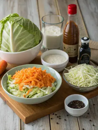 Fresh ingredients for KFC Coleslaw displayed on a kitchen table.