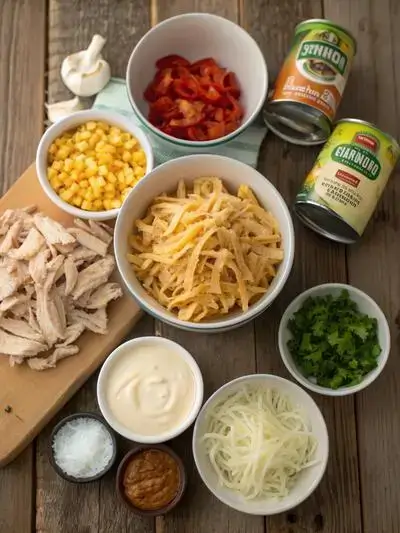 Ingredients for King Ranch chicken casserole displayed on a kitchen table, including chicken, soup, tomatoes, and cheese.