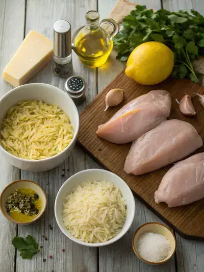 Ingredients for lemon chicken orzo displayed on a kitchen table, including orzo pasta, chicken, lemon, and fresh parsley.