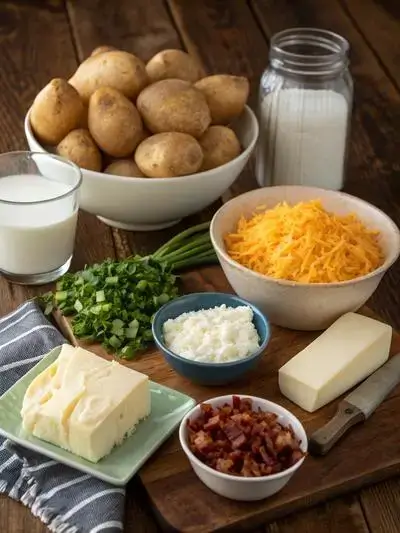 Ingredients for Mashed Potato Casserole displayed on a kitchen table, including mashed potatoes, sour cream, milk, butter, cheese, and more.