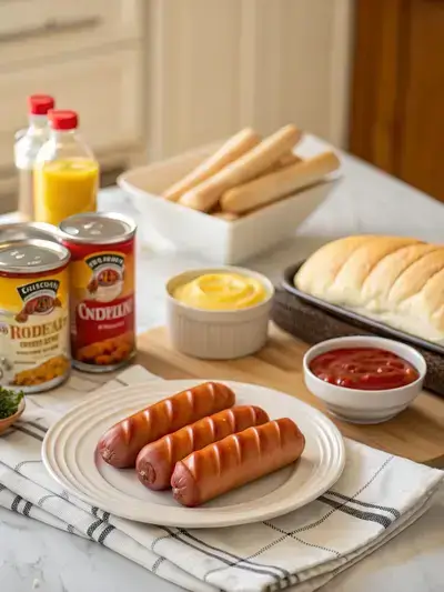 Ingredients for mummy hot dogs displayed on a kitchen table, including hot dogs, crescent roll dough, melted butter, and condiments.