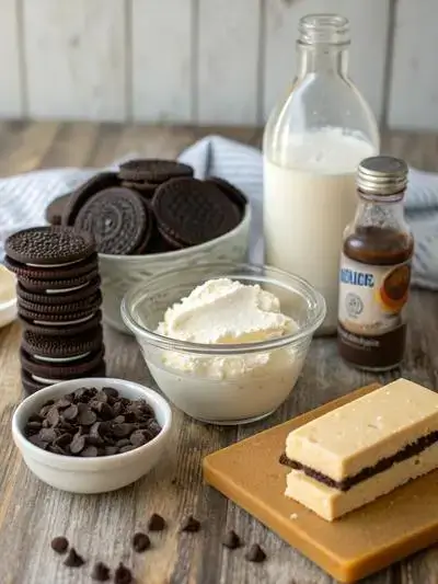 Ingredients for Oreo Dessert Cups displayed on a kitchen table, including Oreo cookies, cream cheese, and chocolate shavings.