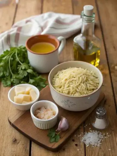 Ingredients for Orzo Pasta displayed on a kitchen table, including orzo, olive oil, onion, garlic, broth, Parmesan cheese, salt, pepper, and parsley.