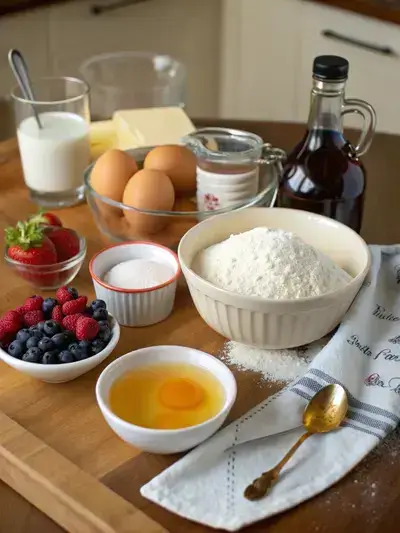 Ingredients for Oven-Baked Pancake displayed on a kitchen table.