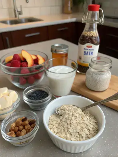 Ingredients for overnight oats displayed on a kitchen table.