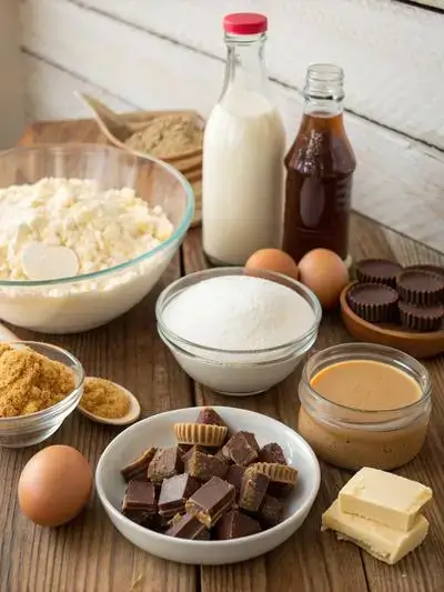 Ingredients for Reese's Cheesecake displayed on a kitchen table.