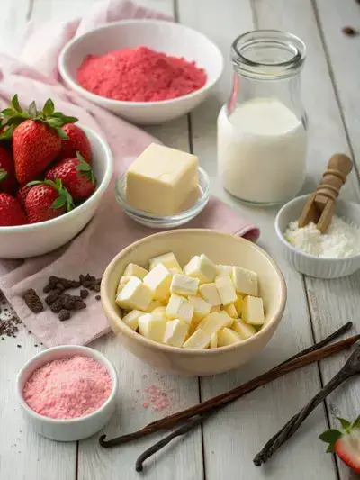 Ingredients for strawberry truffles displayed on a kitchen table, including white chocolate, heavy cream, butter, vanilla extract, strawberry powder, and salt.