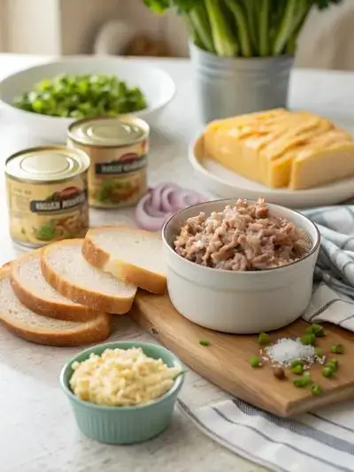 Ingredients for a Tuna Melt displayed on a kitchen table, including tuna, mayonnaise, mustard, celery, onion, bread, butter, and cheese.