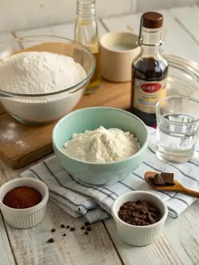 Ingredients for Wacky cake displayed on a kitchen table, including flour, sugar, cocoa powder, and more.