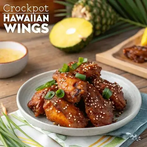 A close-up of CROCKPOT HAWAIIAN WINGS with a glossy sauce and fresh garnishes.