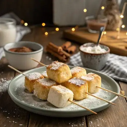 Close-up of puffy deep fried marshmallows with a sprinkle of powdered sugar.