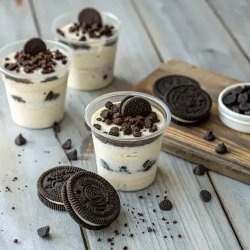Close-up of Oreo Dessert Cups with chocolate shavings and mini Oreos on top.