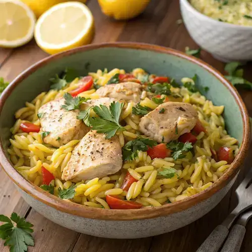 Lemon chicken orzo served in a rustic bowl with lemon slices on the side.