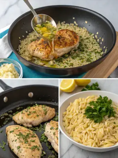 Step-by-step preparation of lemon chicken orzo, including seasoned chicken, garlic, toasted orzo, and the final dish.