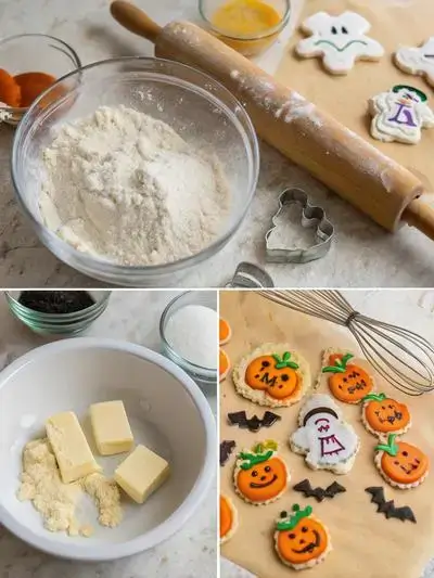 A step-by-step visual guide to making Halloween cookies, featuring mixing ingredients, rolling out dough, and decorated cookies.