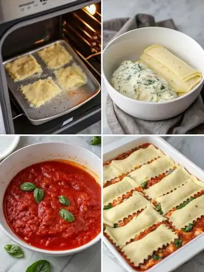 Step-by-step process of making LASAGNA ROLL-UPS, including preheating the oven, cooking noodles, preparing cheese mixture, and arranging roll-ups in a baking dish.