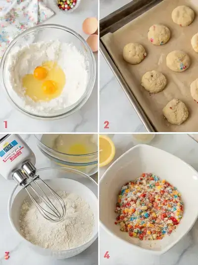 Step-by-step process of making rainbow sprinkle cookies, including preheating the oven, creaming butter and sugars, adding eggs, and preparing dry ingredients.