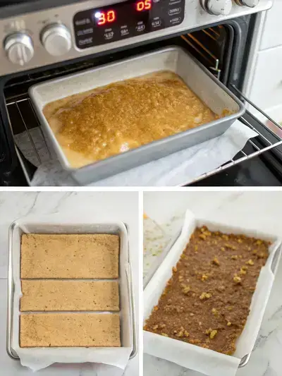 Step-by-step process of making Toffee Bars, including preheating the oven, preparing the baking pan, melting butter and brown sugar, and spreading the toffee mixture.