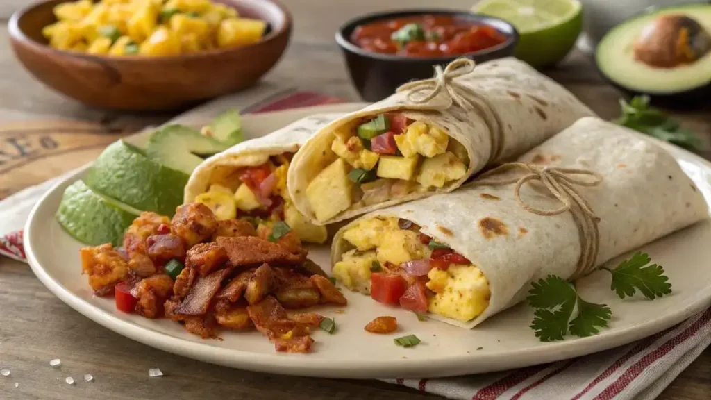 Delicious Breakfast Burritos filled with eggs, bacon, and vegetables on a wooden table.