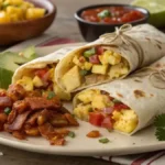 Delicious Breakfast Burritos filled with eggs, bacon, and vegetables on a wooden table.