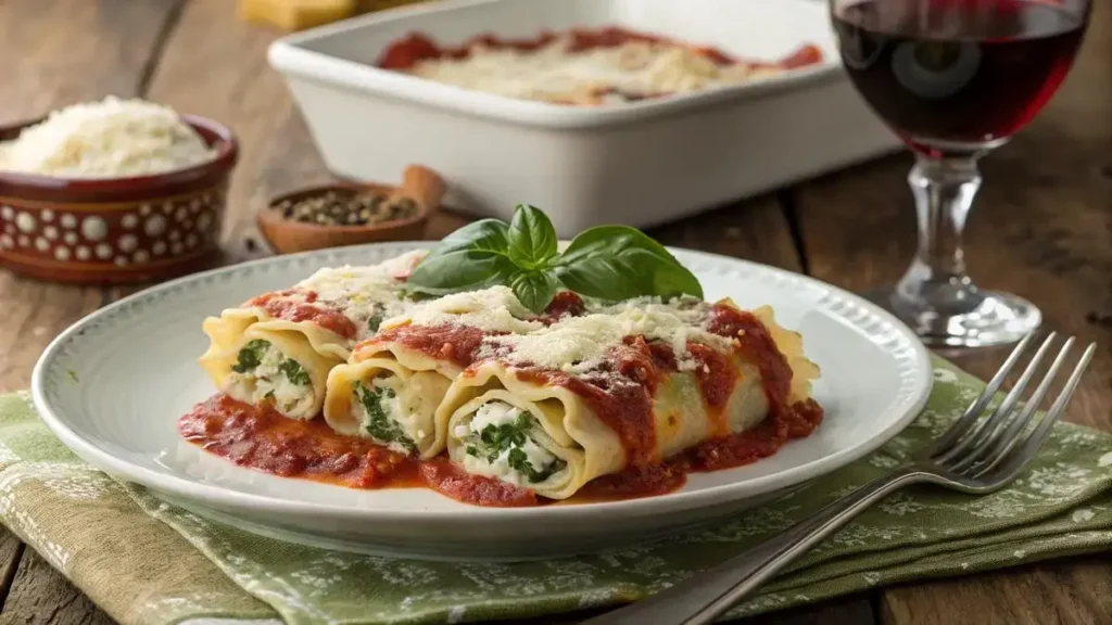 Delicious LASAGNA ROLL-UPS topped with melted cheese and fresh basil on a rustic wooden table.