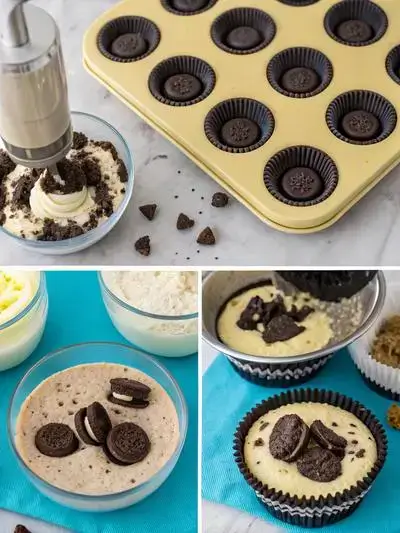 Step-by-step process of making Oreo Dessert Cups, including crushed Oreos, crust preparation, filling, and toppings.